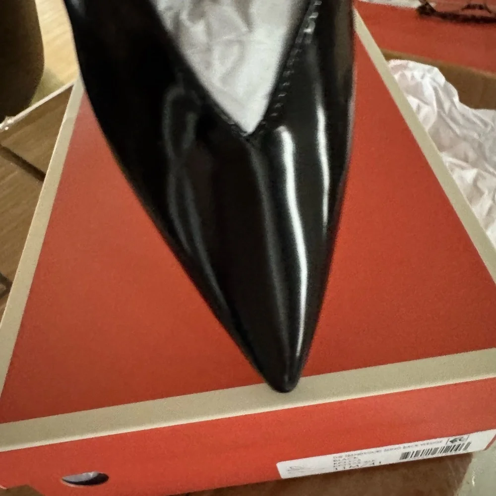 Black Patent Slingback Pointed-Toe Wedge Pump